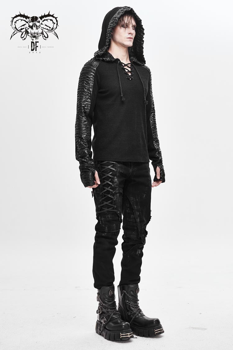 Black Chest Lace Up Vertical Stripes Woolen Splice Bright Crimped Fabric Hooded Punk T-shirt