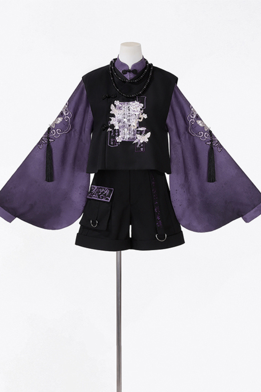 Dark Chinese-style Top + Vest + Shorts + Necklace