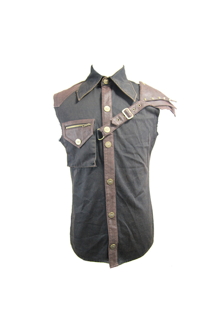 Black Twill Brown One Shoulder Armor Heat Seal Hasp Sleeveless Punk Shirt