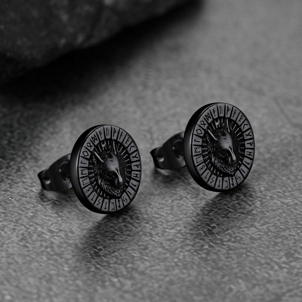 Viking Wolf Head Stud Earrings With Runes for