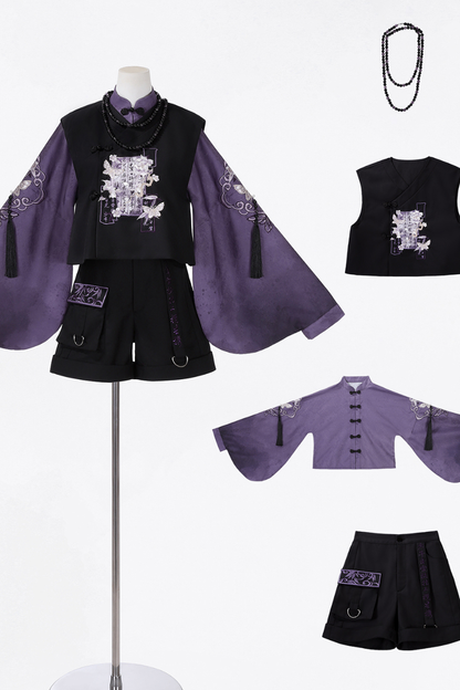 Dark Chinese-style Top + Vest + Shorts + Necklace