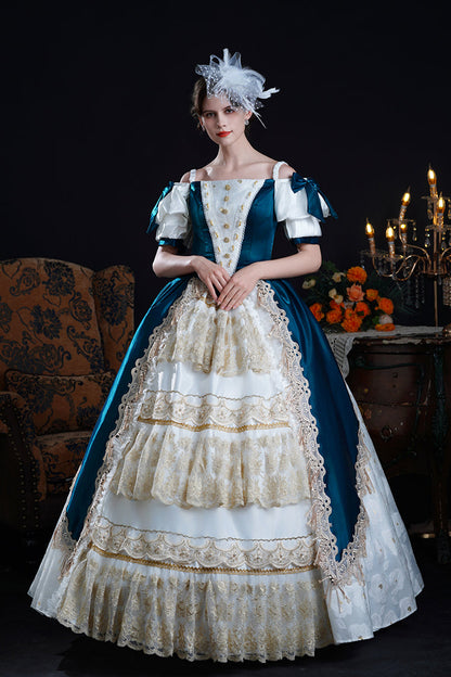 Blue/apricot Off Shoulder Short Sleeves Ruffle Cardigan Bowknot Lace Classic Princess Palace Lolita Victorian Dress