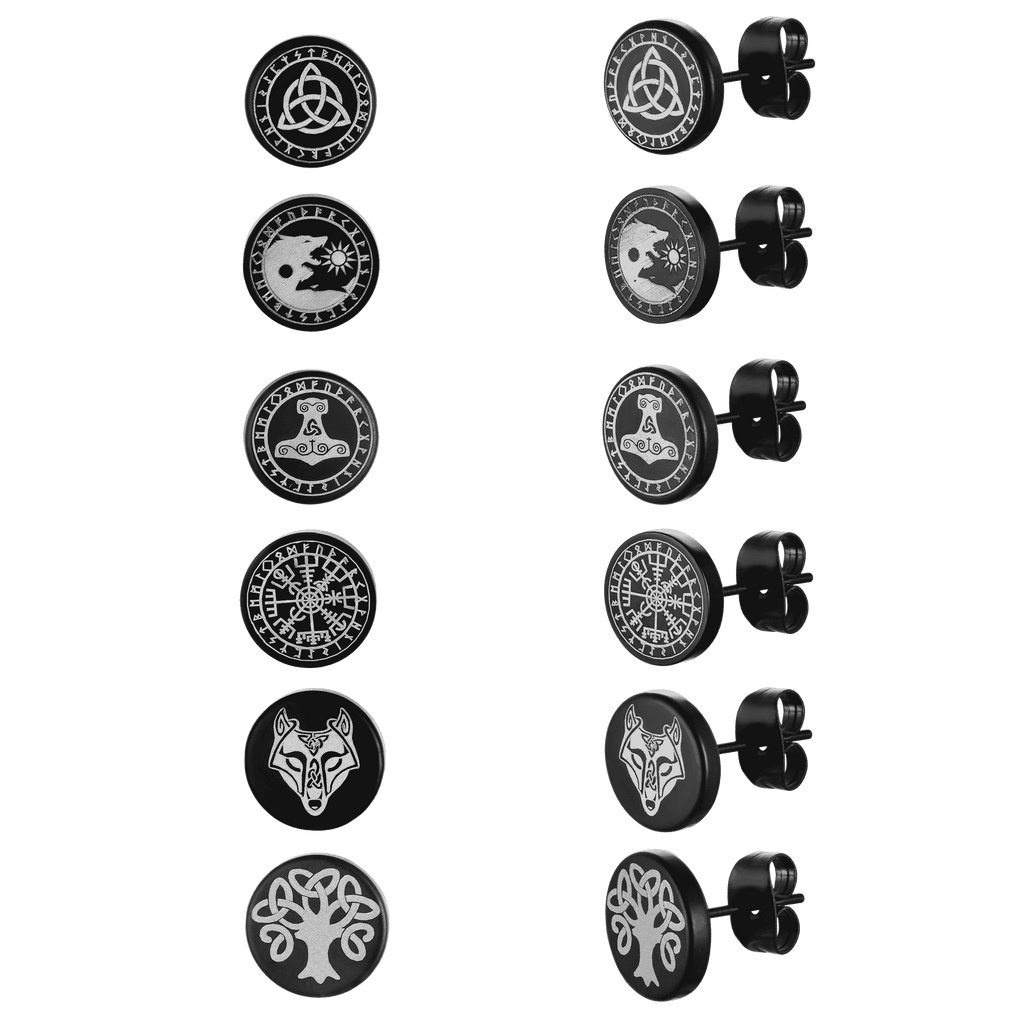 Viking Black Stud Earrings Set for 6 Pairs