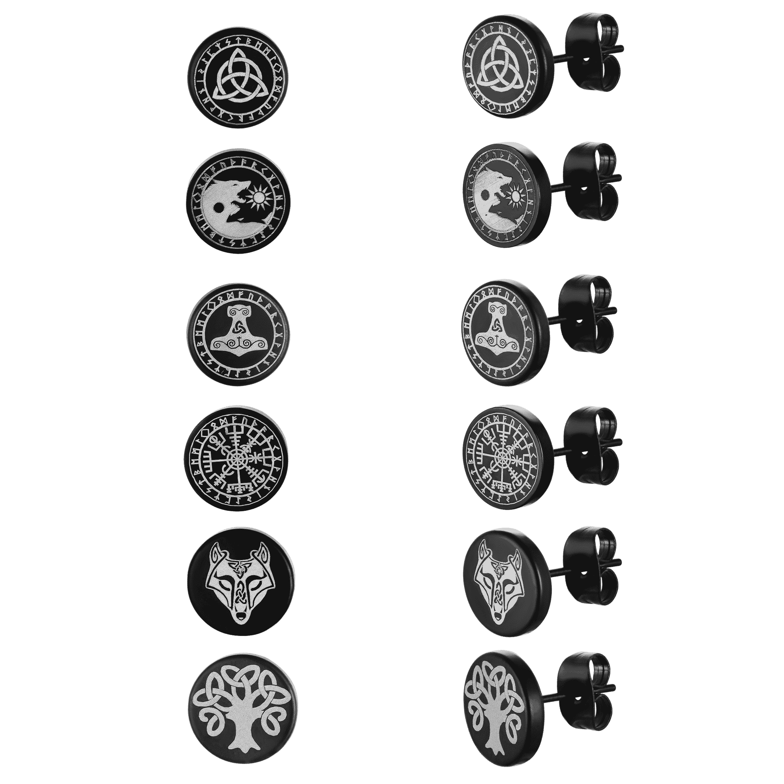 Viking Black Stud Earrings Set for 6 Pairs
