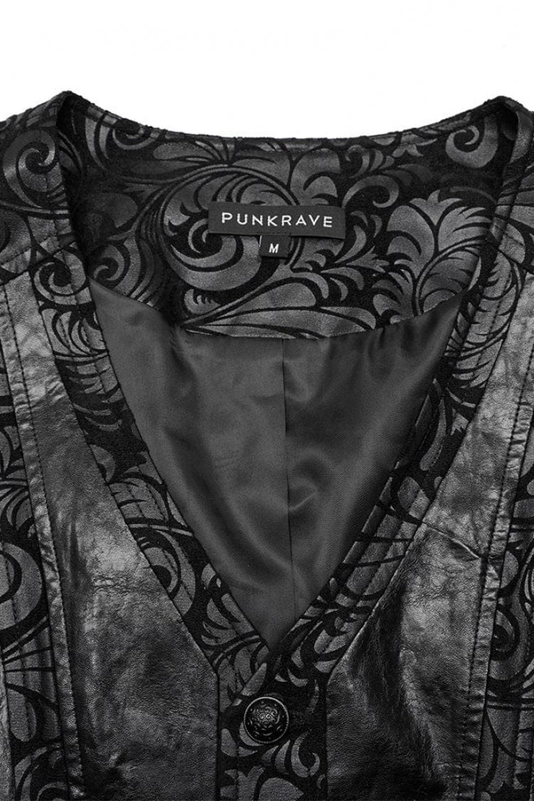 Black V Collar Sleeveless Exquisitely Carved Print Faux Leather Gothic Vest