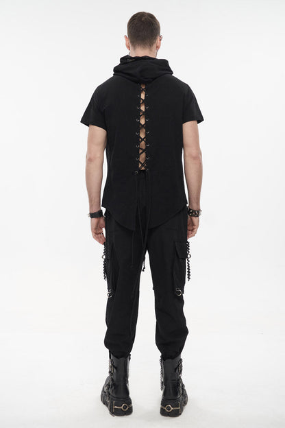 Black Hooded Mesh Splice Zipper Back Openwork Lace-up Short Sleeve Punk T-shirt