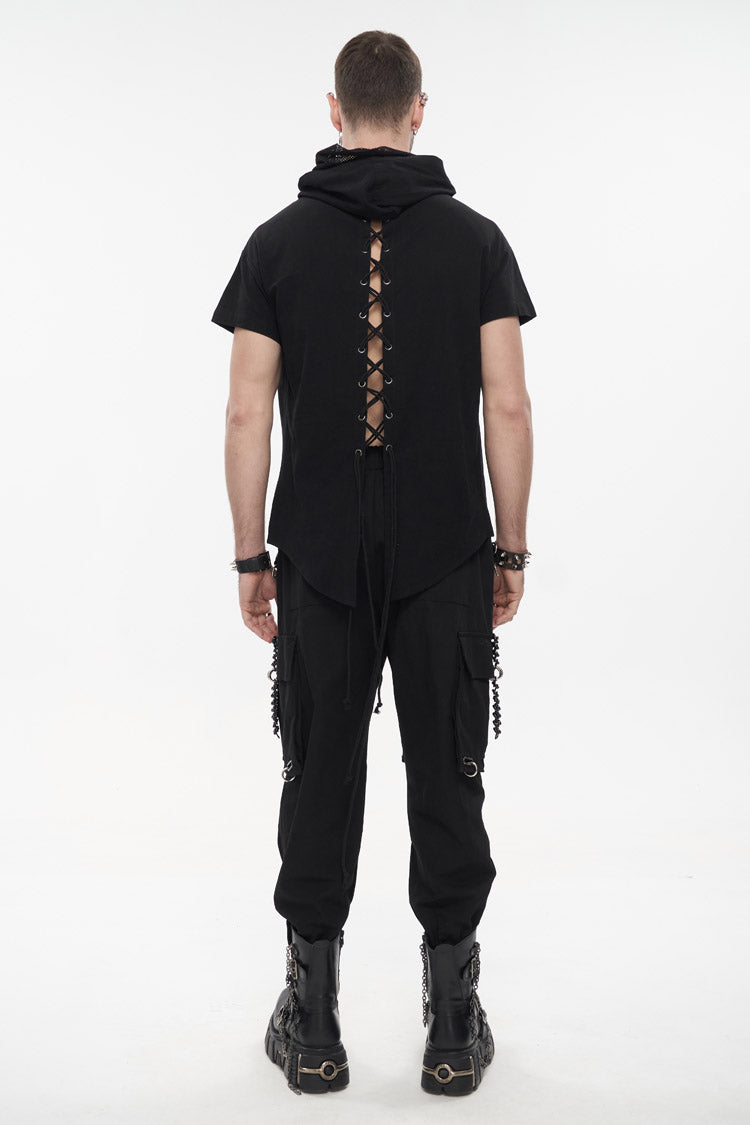 Black Hooded Mesh Splice Zipper Back Openwork Lace-up Short Sleeve Punk T-shirt