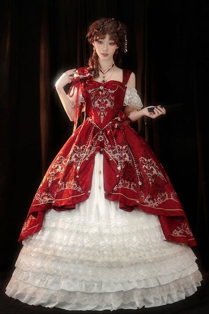 [pre-order Deadline: May 3] Red White Corset Lace Ribbon Lolita Jks Princess Dress + Complete Set