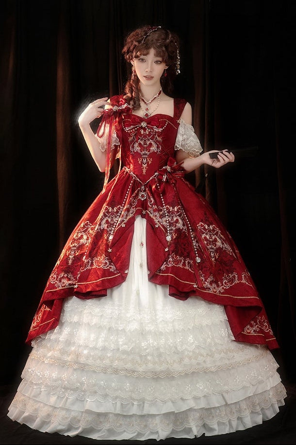 [pre-order Deadline: May 3] Red White Corset Lace Ribbon Lolita Jks Princess Dress + Complete Set