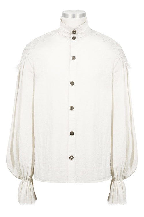 White Straight Collar Puff Sleeve Jacquard Punk Blouse