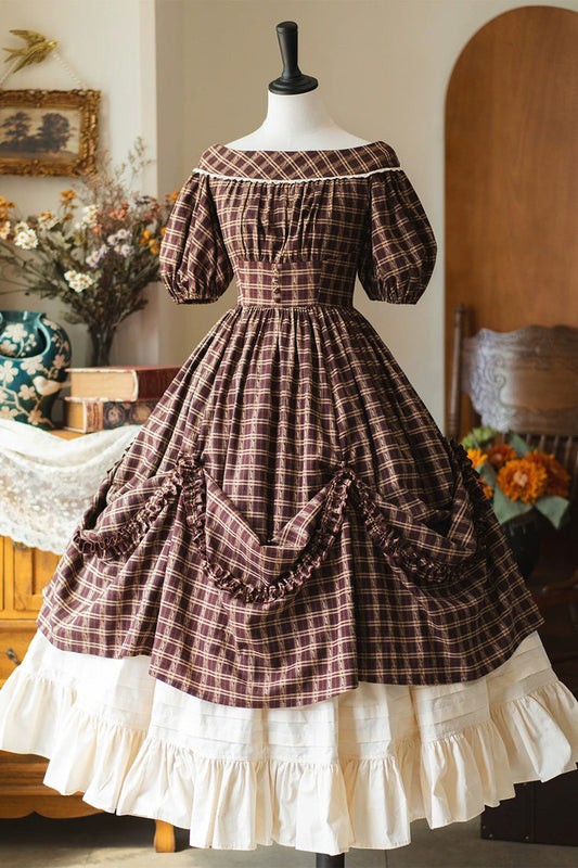 Dark Red [forest Picnic] Boat Neck Short Sleeves Printed Lift-hem Ruffled Classic Lolita Dress