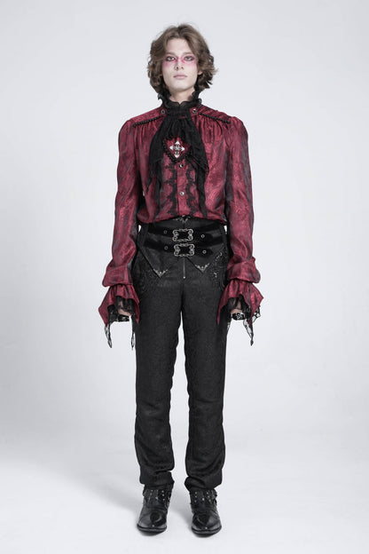 Red Long Puff Sleeves Gothic Blouse With Lace Necktie