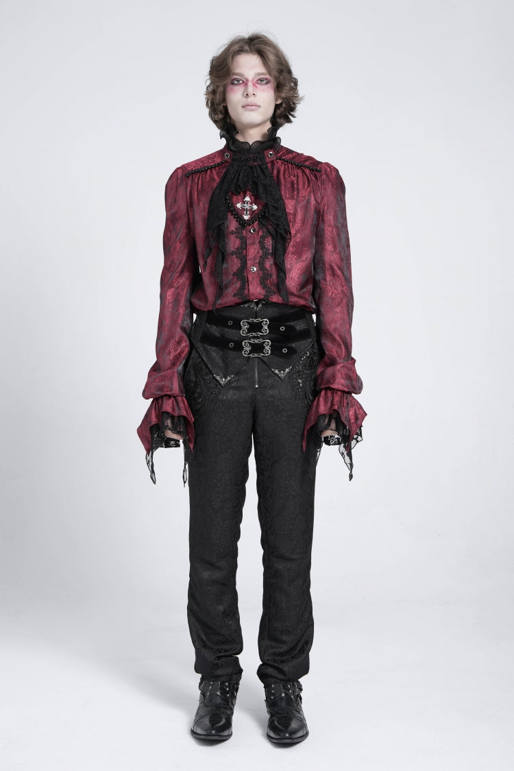 Red Long Puff Sleeves Gothic Blouse With Lace Necktie