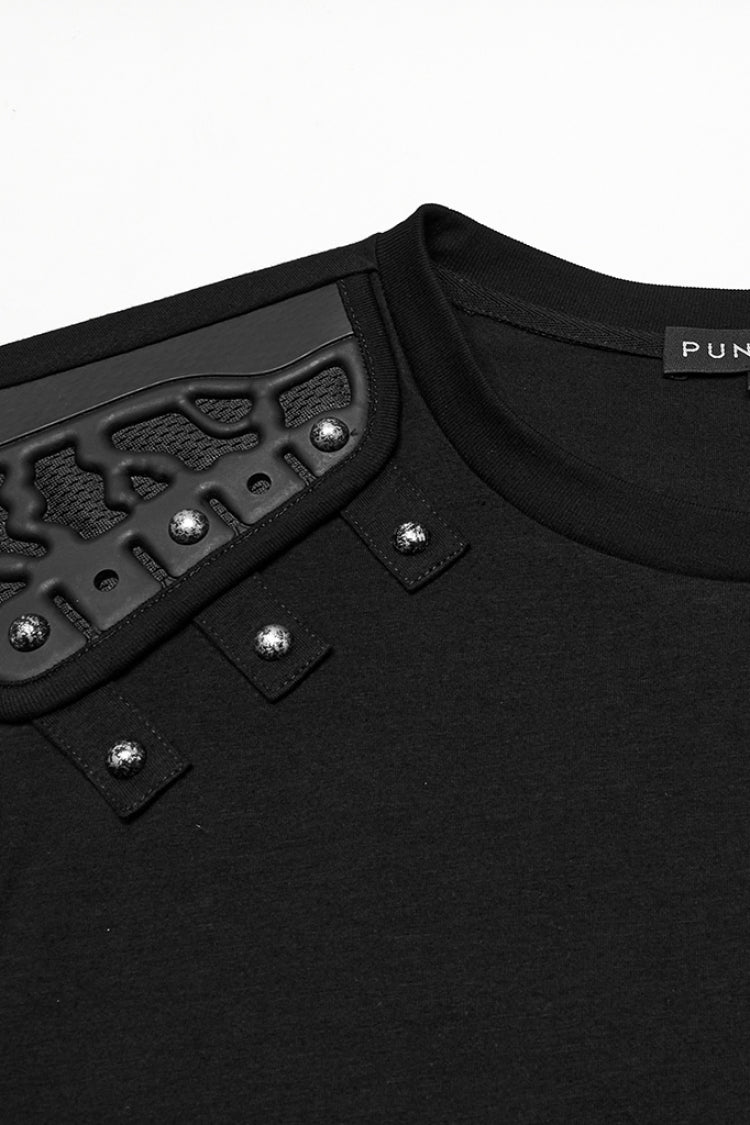 Black Round Collar Sleeveless Studded Stitching Shoulder Patched Punk Vest