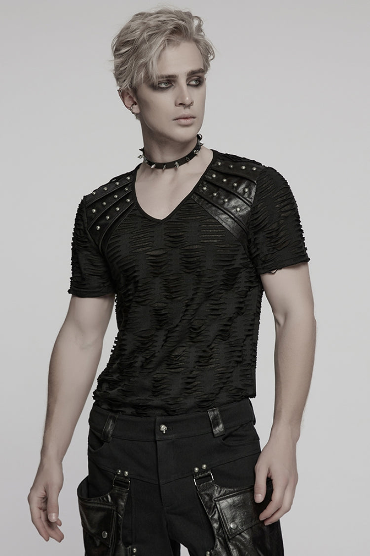 Black Short Sleeves Jacquard Faux Leather Stitching Ripped Rivet Punk T-shirt