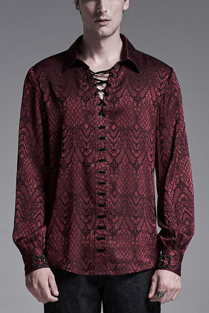 Jacquard Long Sleeve Front Metal Eyelets Lace Up Metal Carving Buckle Cuff Gothic Shirt 3 Colors