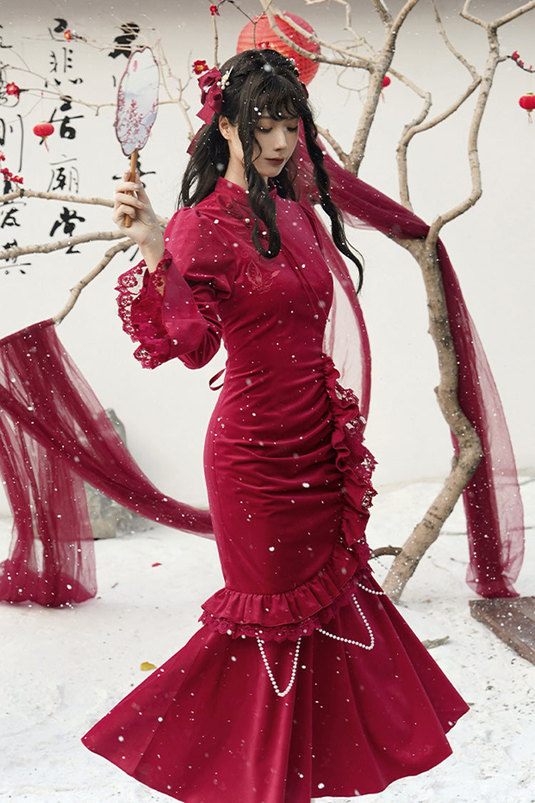 Red Long Sleeves Ruffle Embroidery Bowknot Lace Classic Chinese Style Lolita Dress