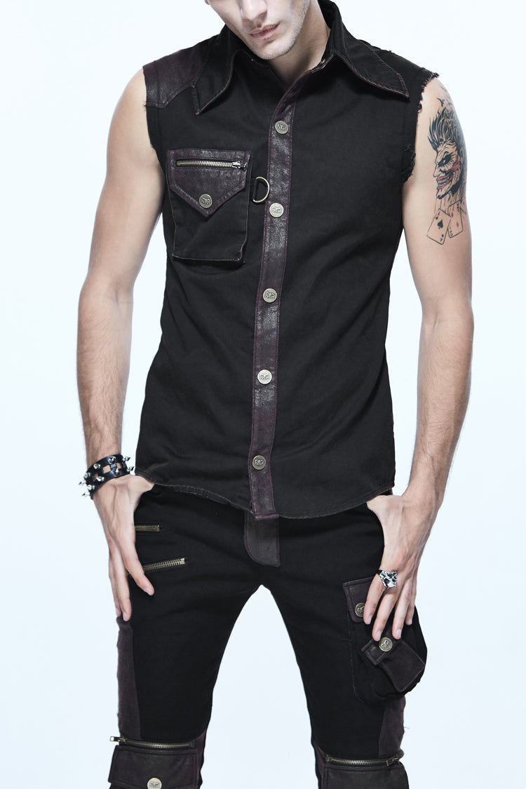 Black Twill Brown One Shoulder Armor Heat Seal Hasp Sleeveless Punk Shirt