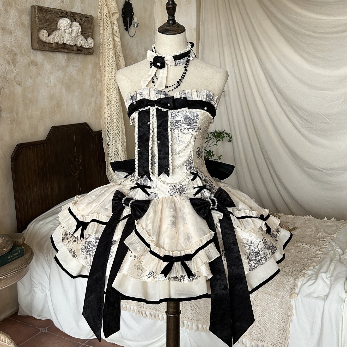 [pre-order] Brandy French Pearl Bustier Dress + Black Jacquard Jacket + Accessories