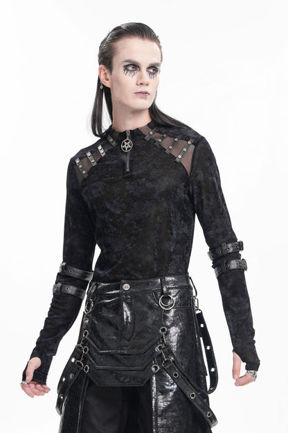 Black Round Collar Long Sleeves Buckle Star Studs Gothic T-shirt