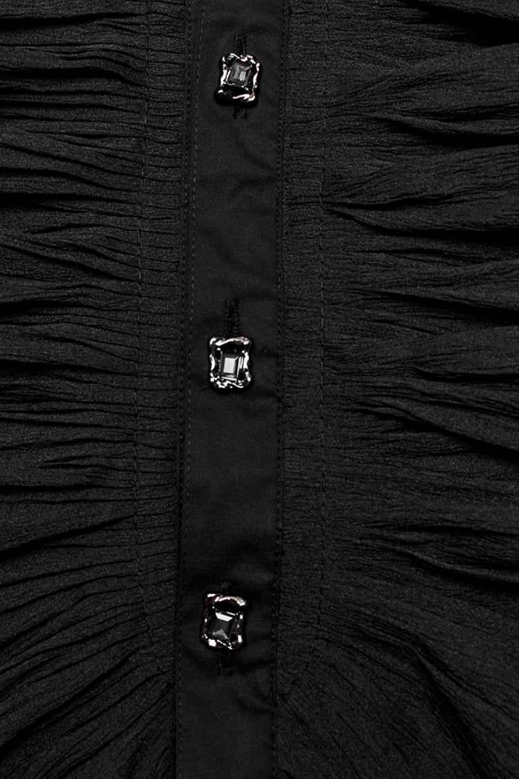 Black Stand Collar Lantern Sleeves Print Ruffle Lace Gothic Blouse