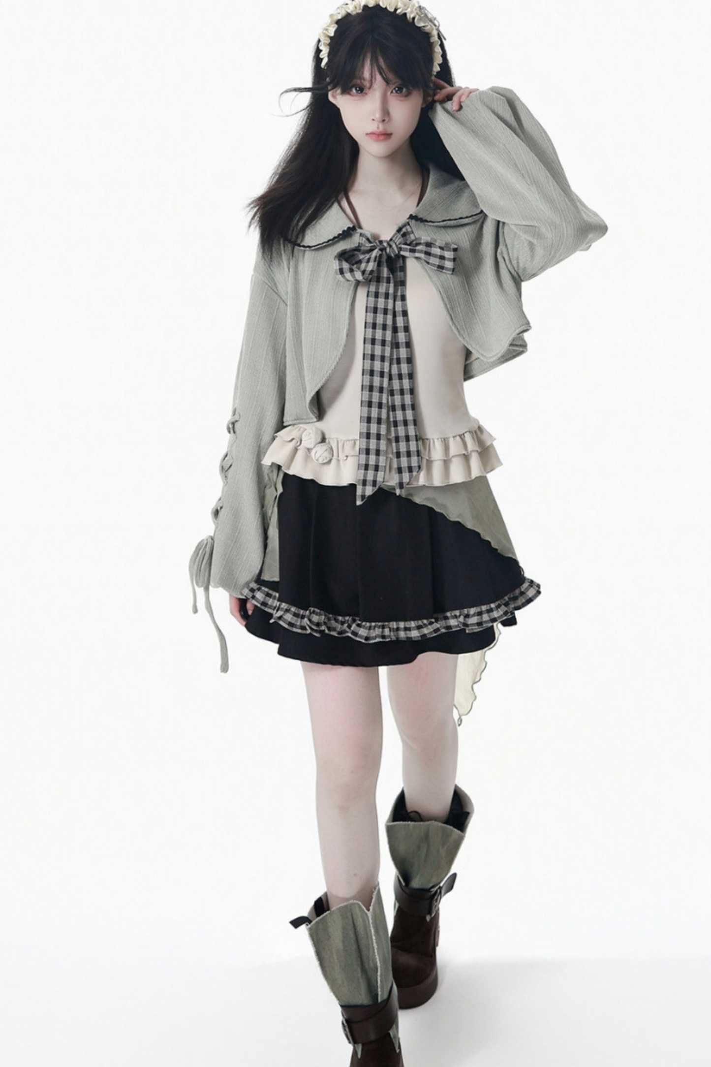 Plaid Ribbon Camisole Two Piece Jacket + Cape Coat + Skirt