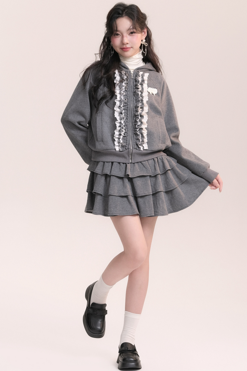 Ballet Lace Sweatshirt Hooded Jacket + Tiered Skirt