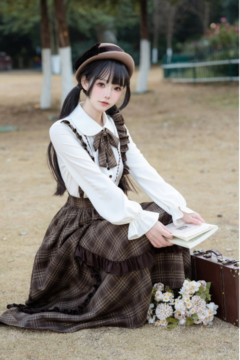 Retro Girly Plaid Skirt + Ruffle Blouse