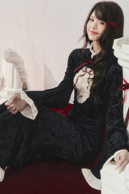 Retro Black Velvet Mermaid Tail Cheongsam Dress + Cape