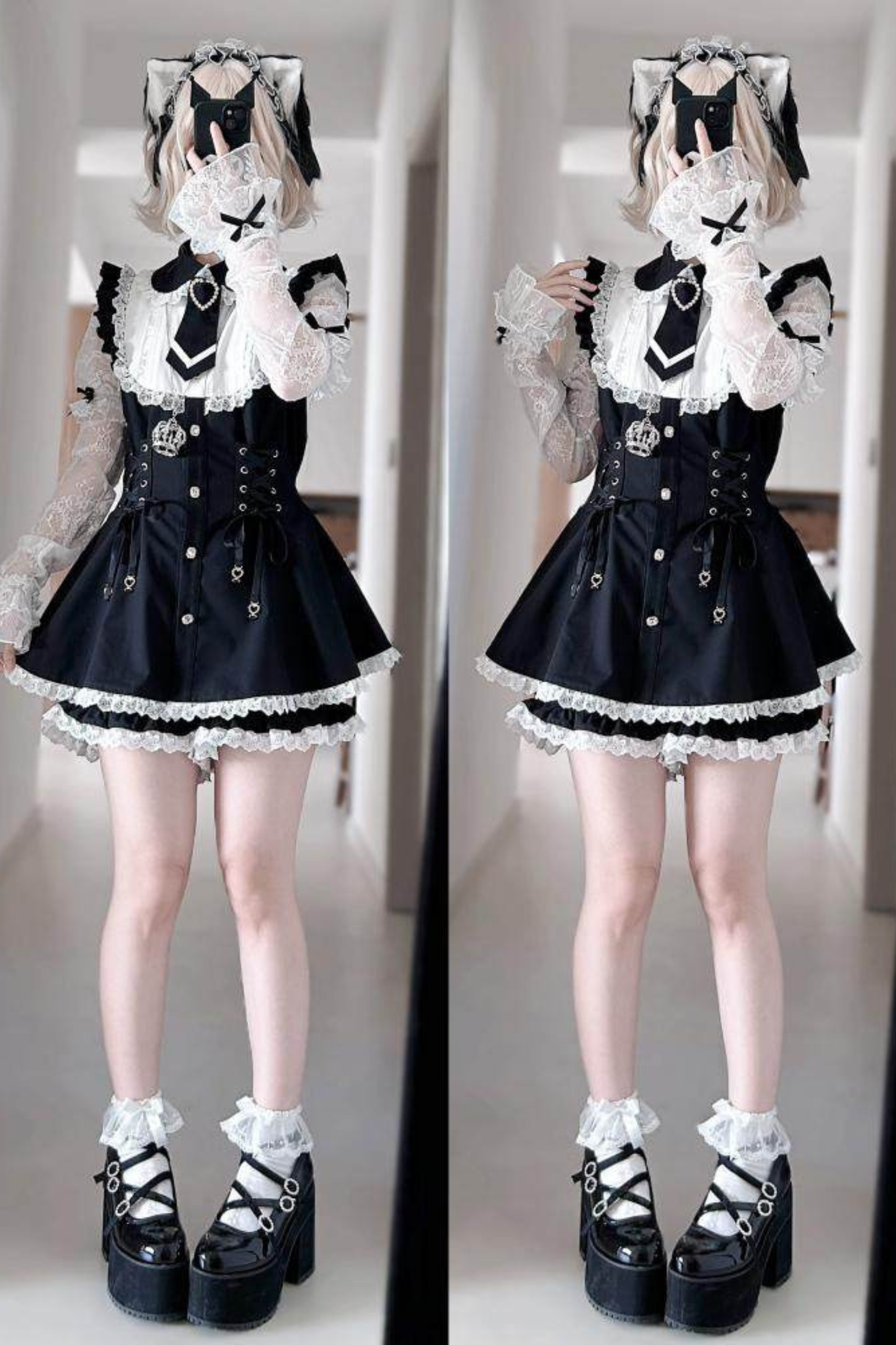Lace-up Jirai Dress + Shorts + Sleeves + Brooch