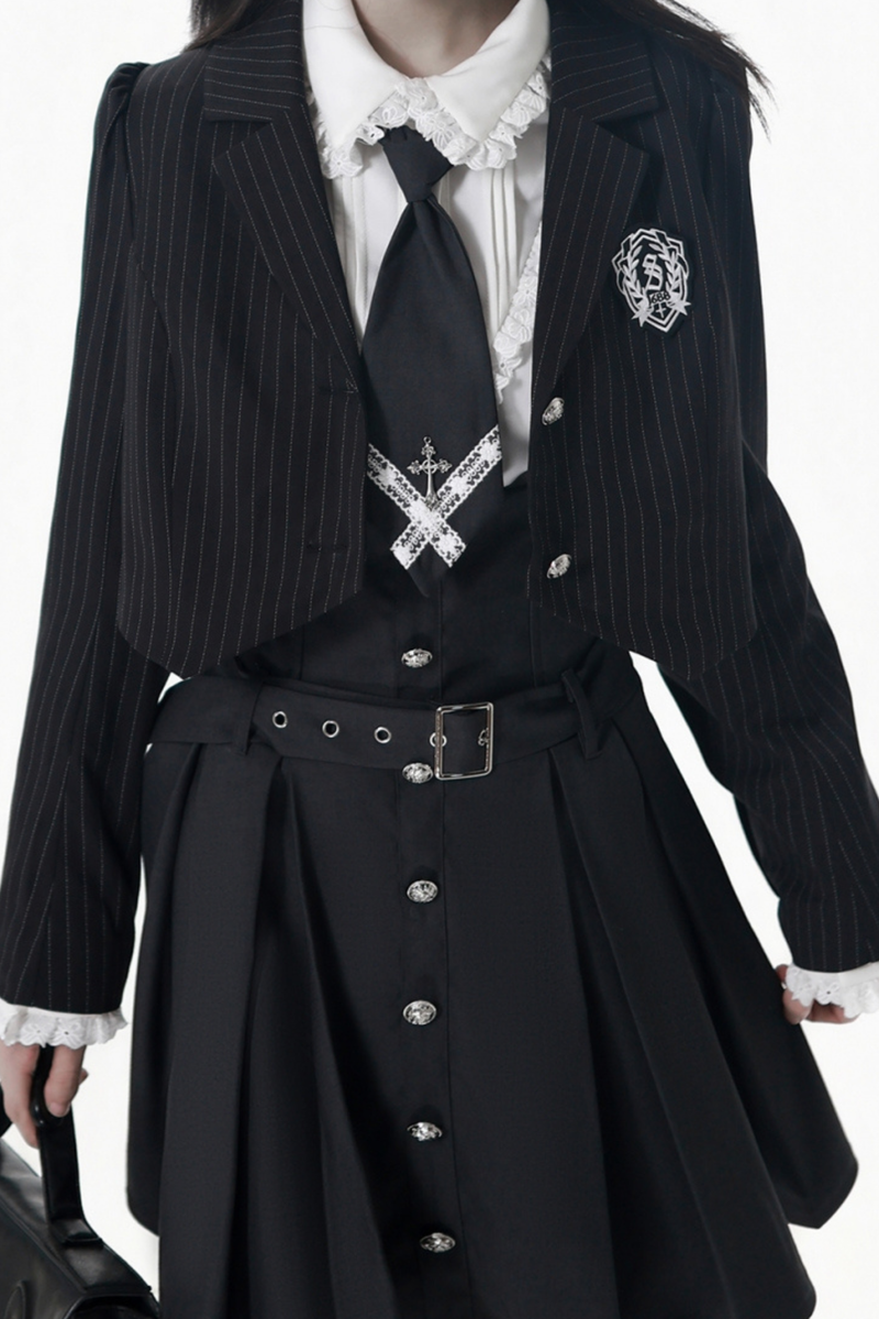 College Jacket + Suspender Skirt + Blouse + Tie
