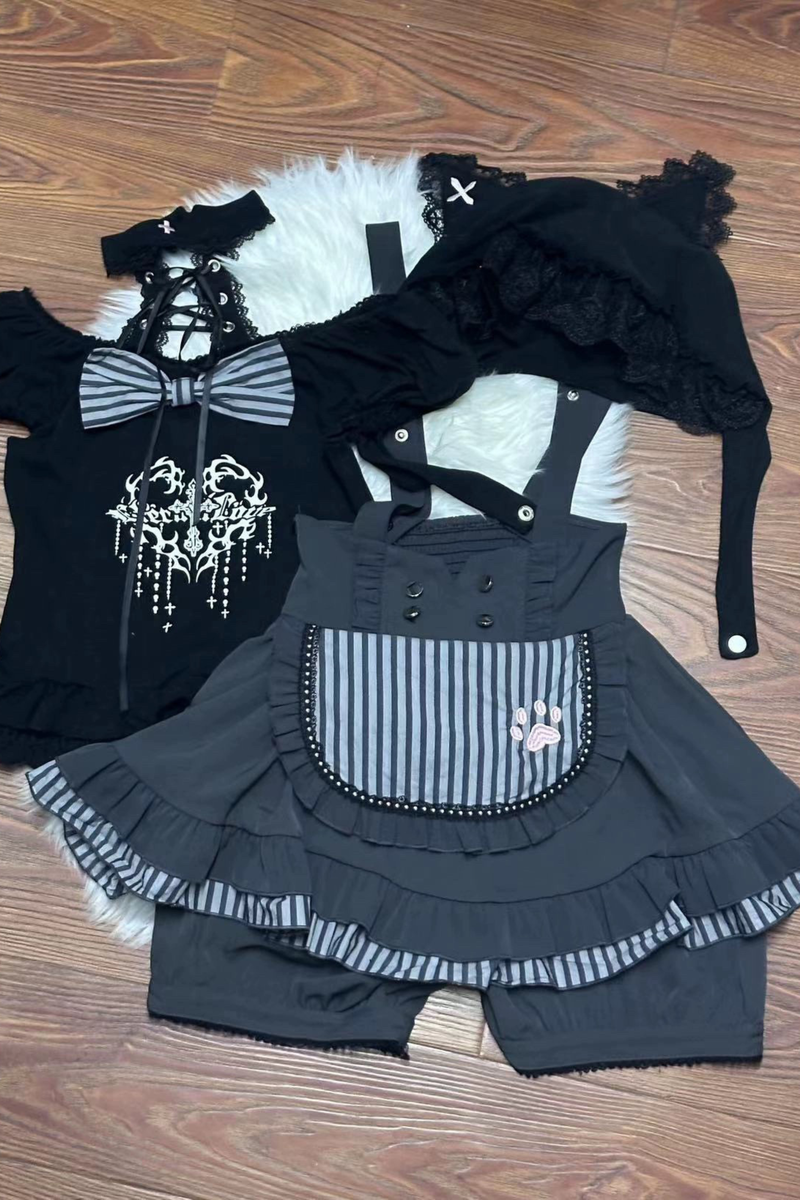 Cat Puff Sleeve Top + Suspender Skirt + Pants + Hat