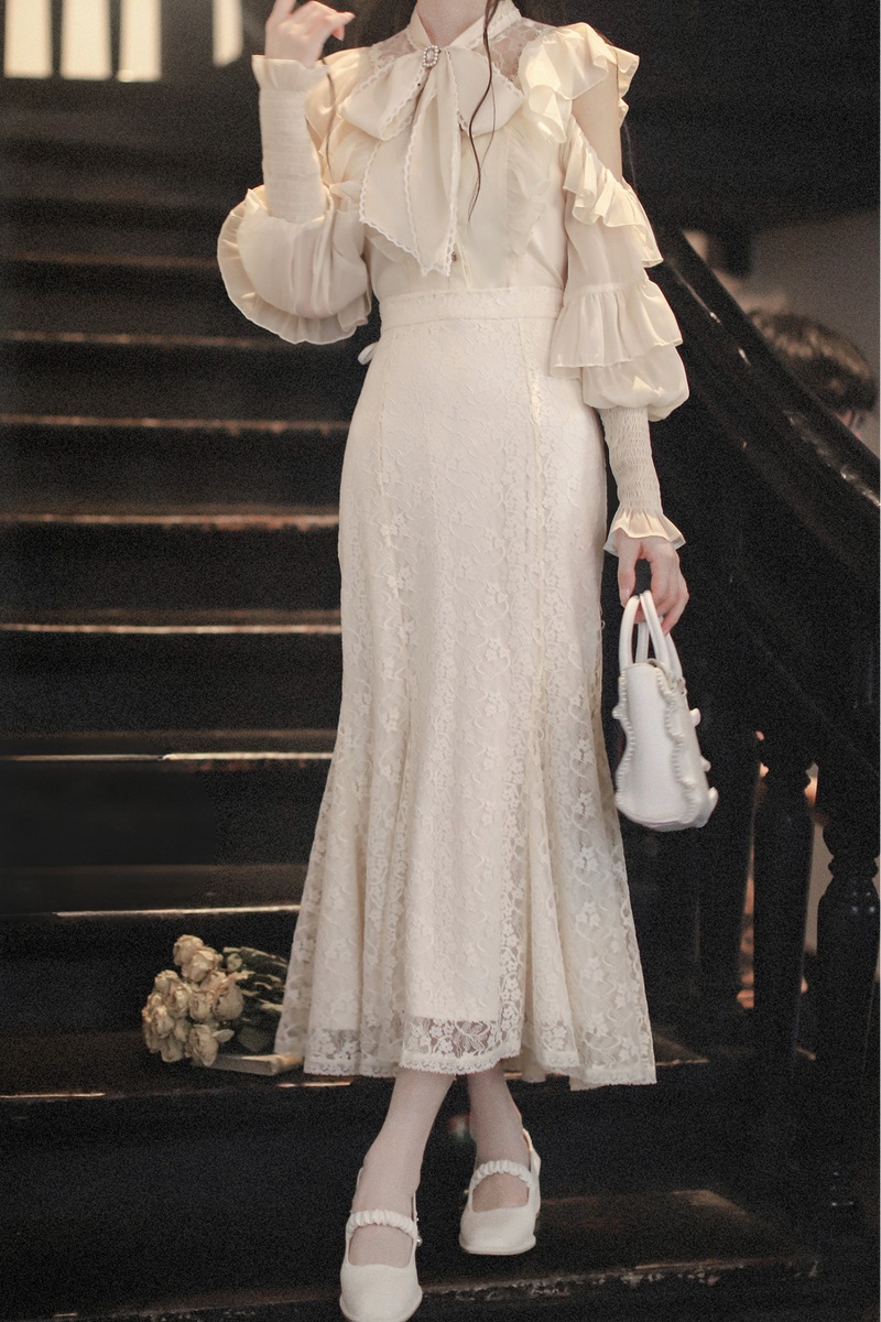 Sheer Chiffon Big Ribbon Shirt + Mermaid Skirt