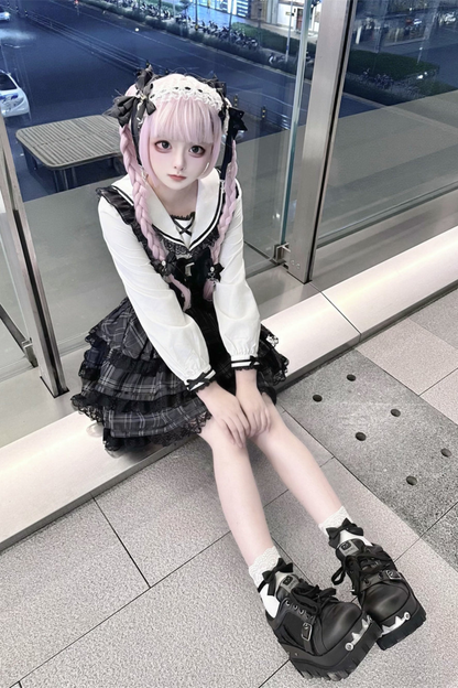 Plaid Flutter Sleeve Suspender Skirt + Top