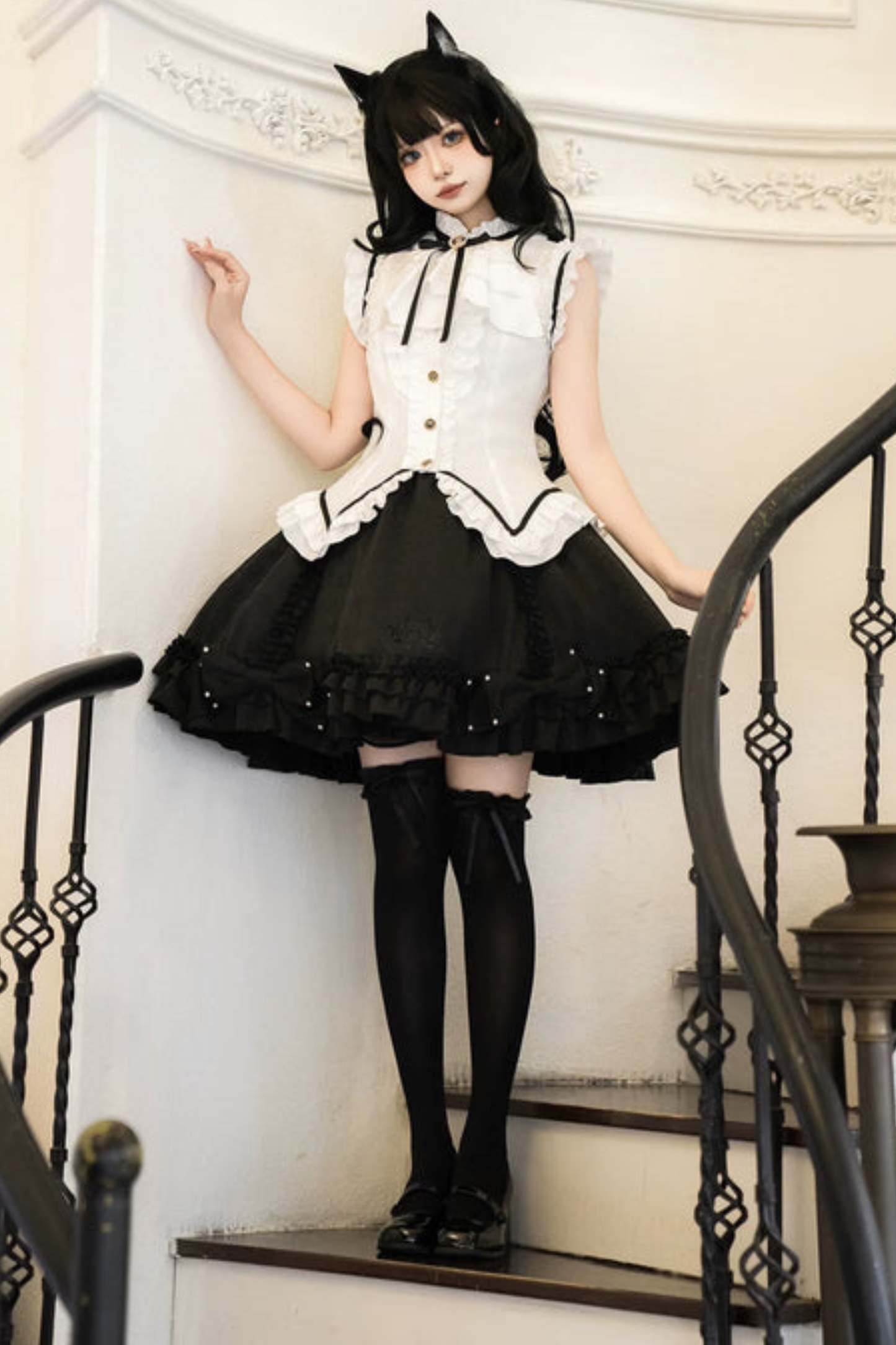 Flying Sleeve Sweet Dark Top + Flare Skirt