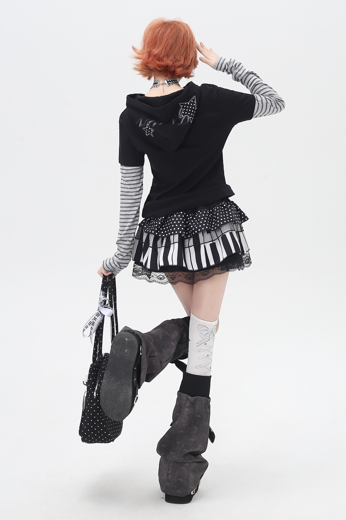 Striped Fake Two Piece Hooded Top