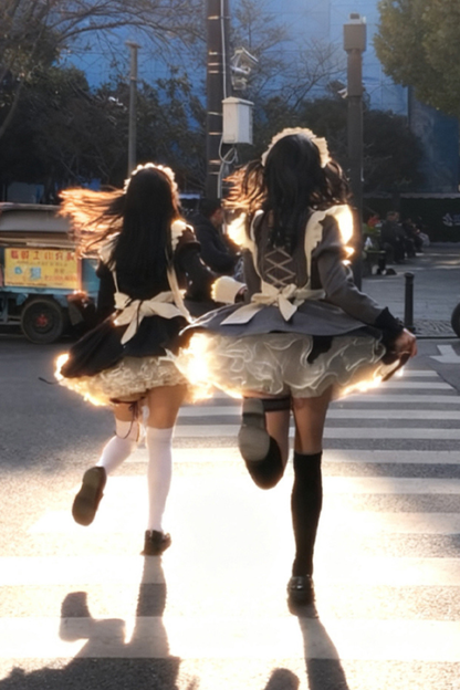Twin Ruffle Maid Lolita Dress + Apron + Choker + Headband + Bow + Leg Warmers