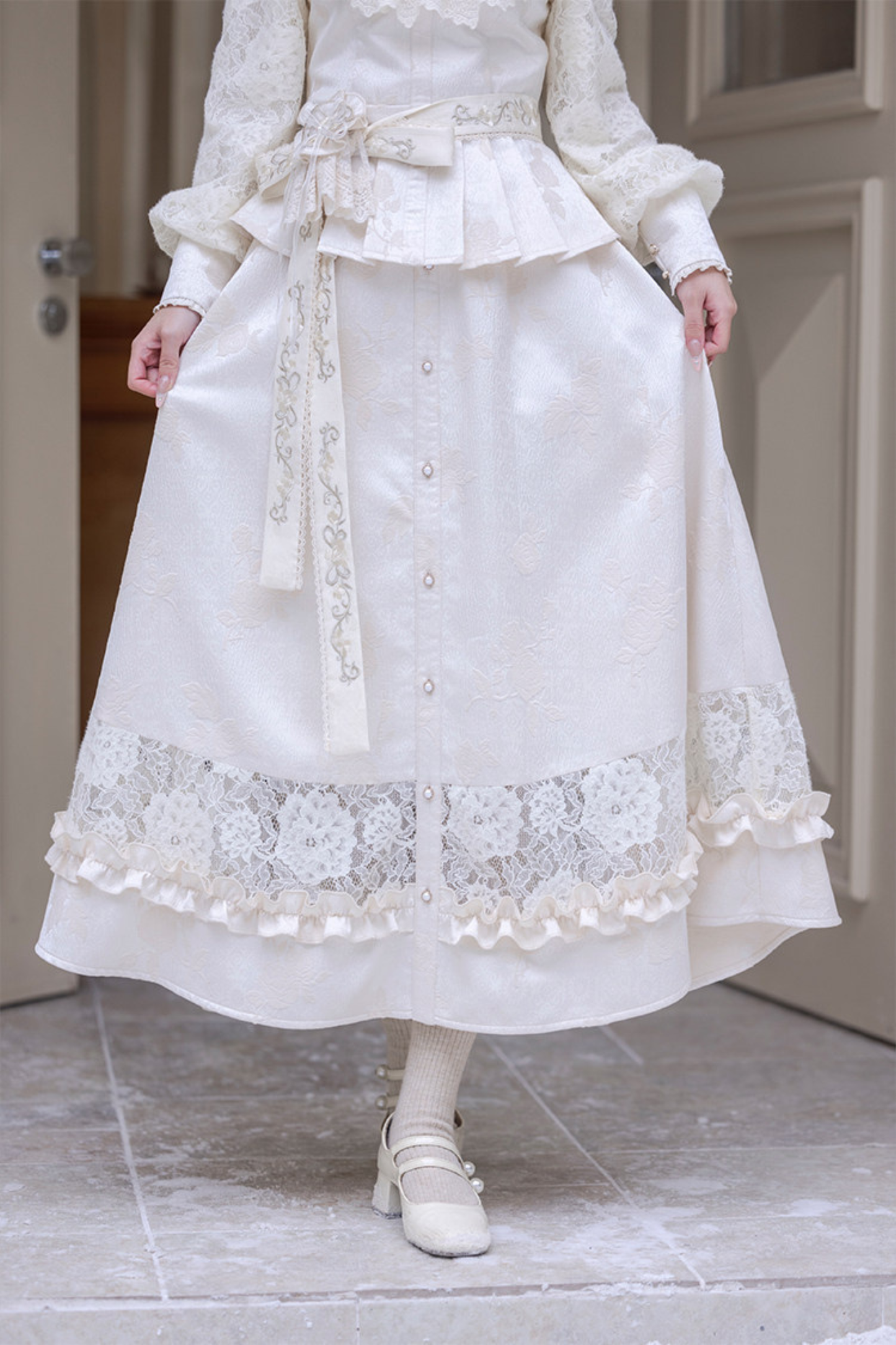 Lace Patchwork Top + Long Skirt + Belt