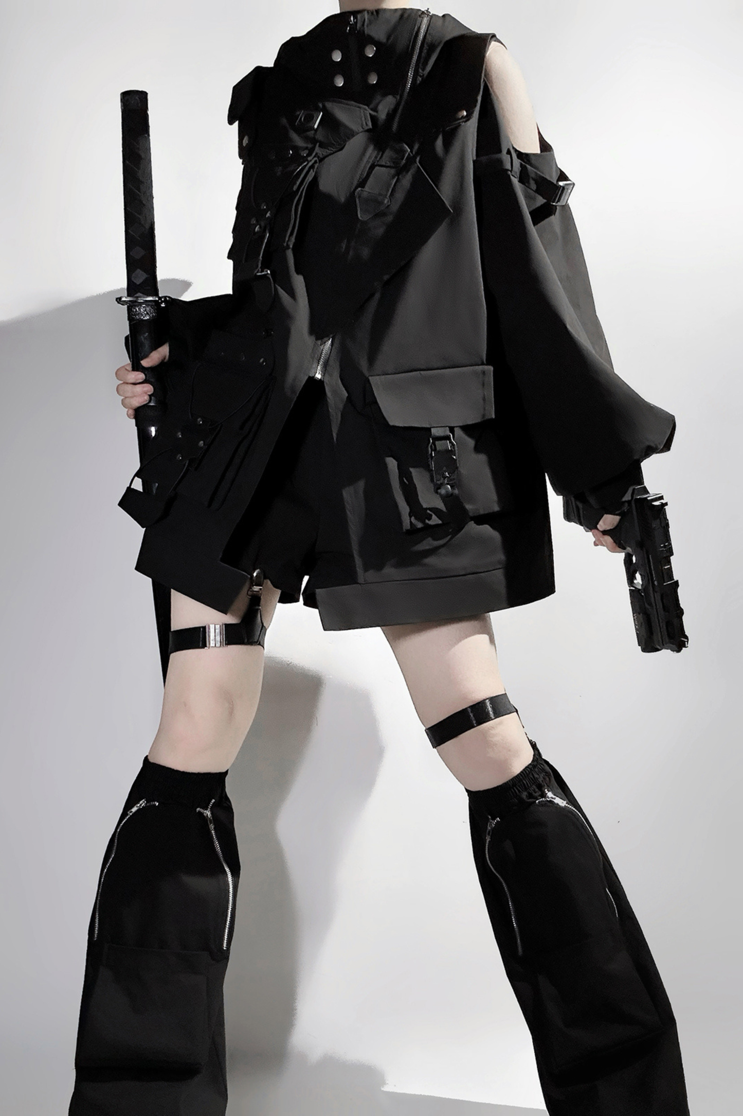Dark Hooded Jacket + Shorts + Leg Covers