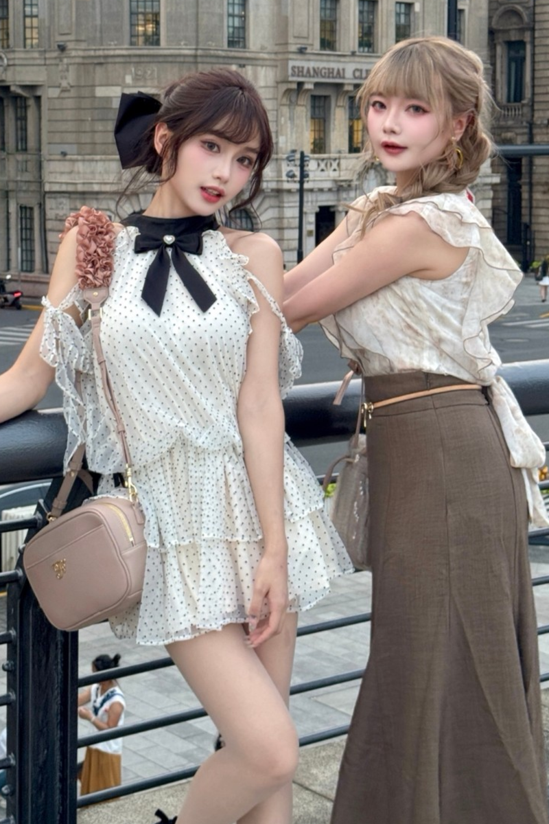Off Shoulder Polka Dot Ribbon Dress