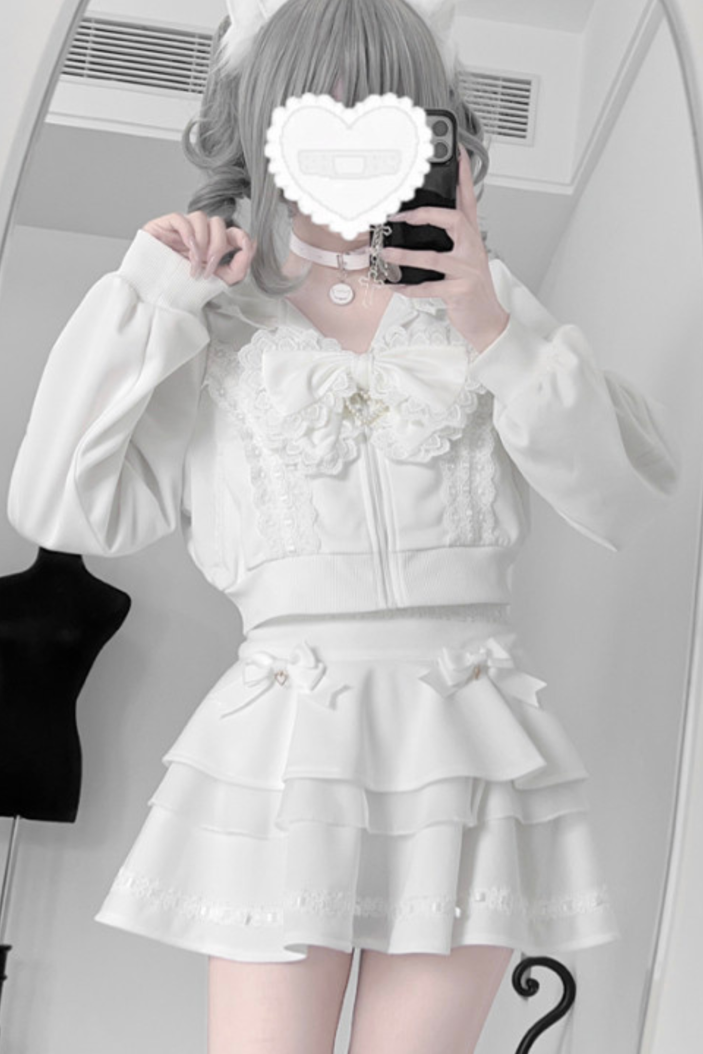 Ribbon Girly Cat Ear Hooded Zip Hoodie + Flare Skirt