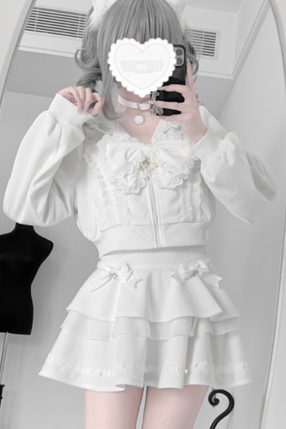 Ribbon Girly Cat Ear Hooded Zip Hoodie + Flare Skirt