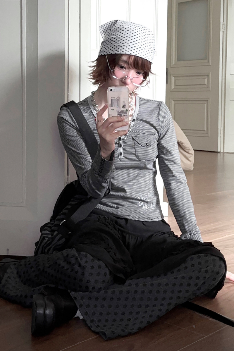 Y2k Striped V-neck Top + Skirt + Pants