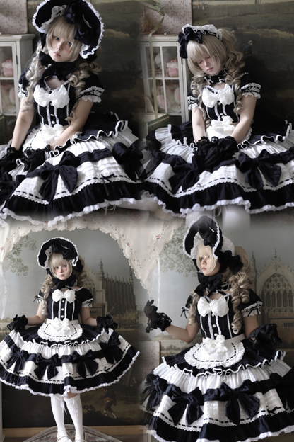 Monochrome Doll Lolita Dress + Headband + Bonnet + Clip