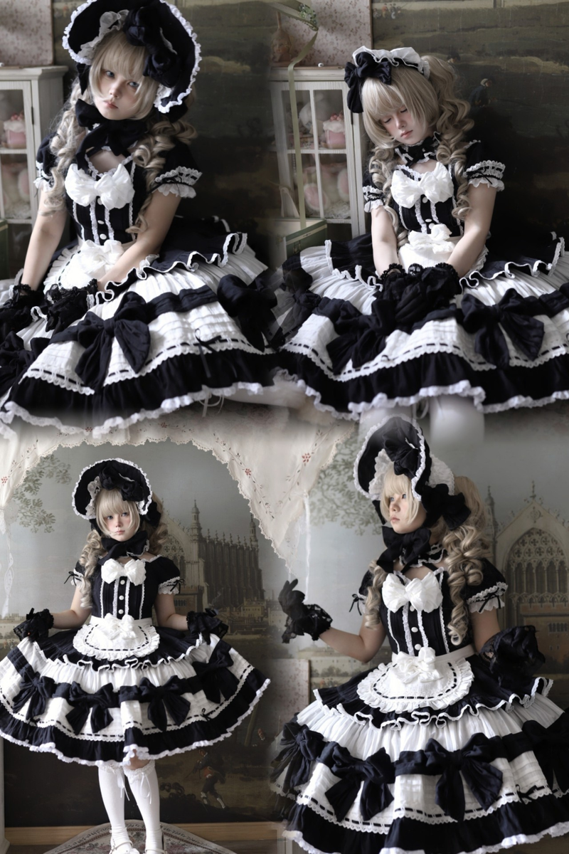 Monochrome Doll Lolita Dress + Headband + Bonnet + Clip