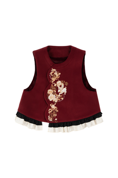 Retro Fish Tail Chinese-style Dress + Vest + Fur Scarf