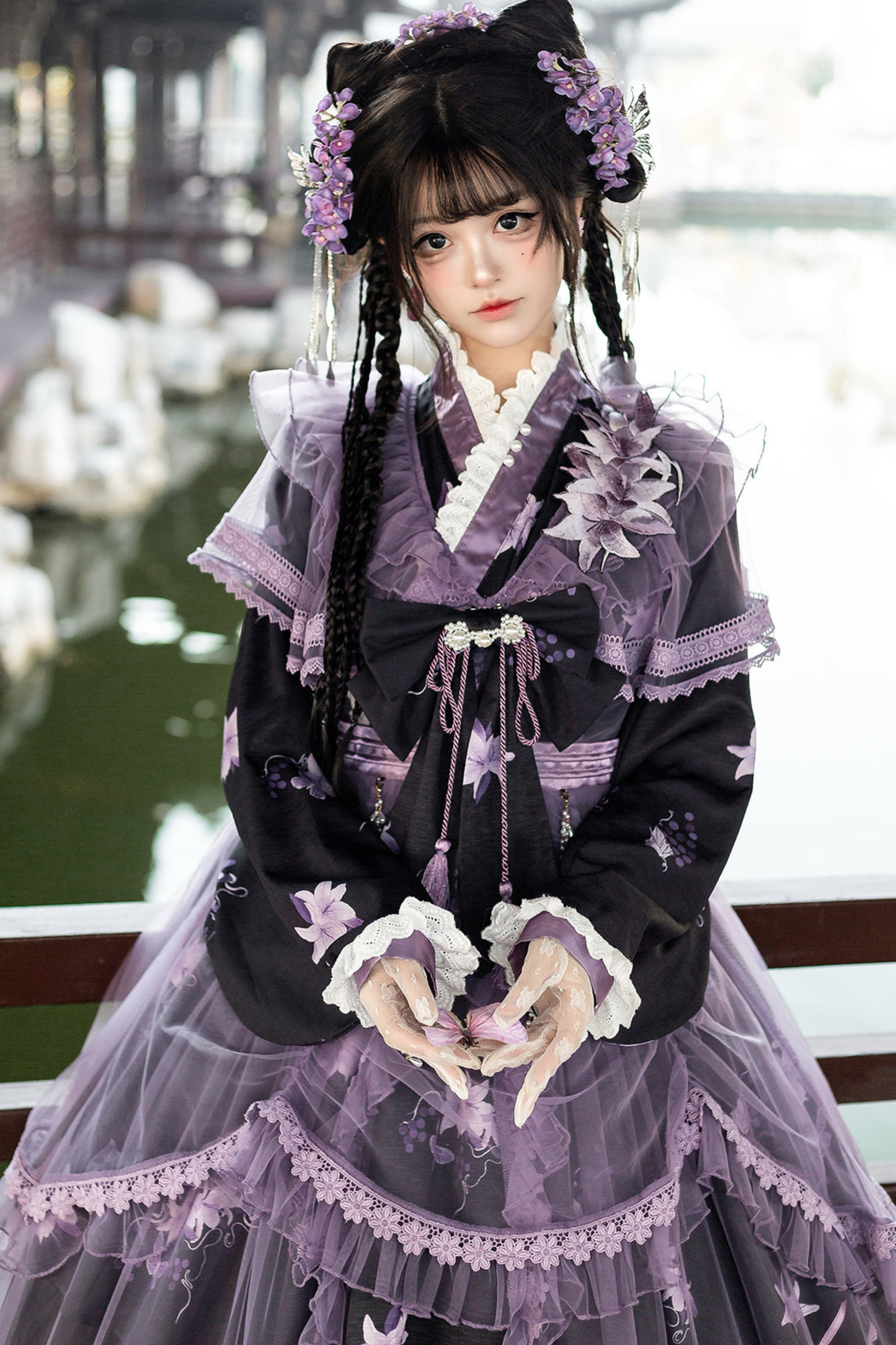 Dark Chinese-style Cross Collar Dress + Overdress + Skirt