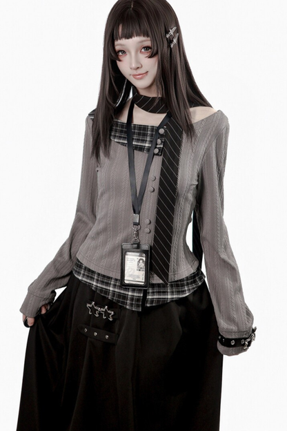 Y2k Dark Top + Flare Skirt + Scarf