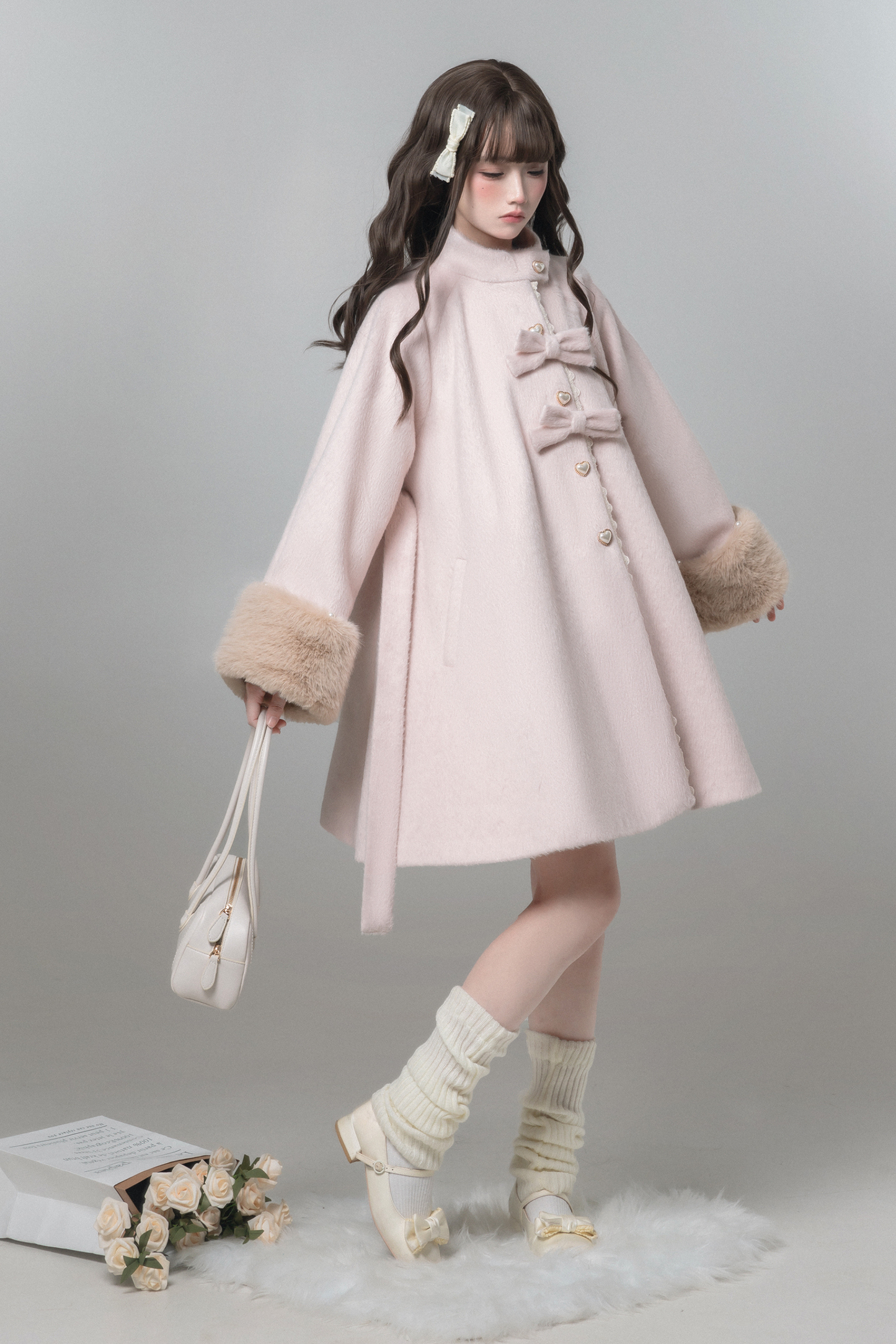 Sweet Girly Ribbon Flared Coat + Fur Collar + Shirt + Skirt + Beret