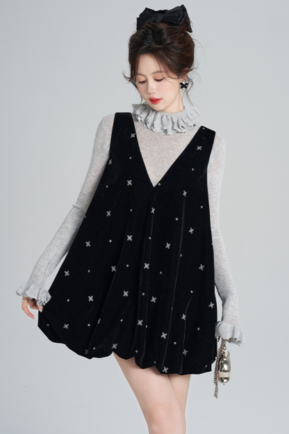 French Black Velvet Ribbon Balloon Dress